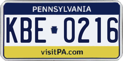 PA license plate KBE0216