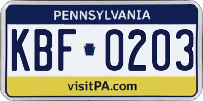 PA license plate KBF0203