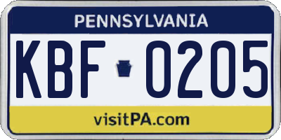 PA license plate KBF0205