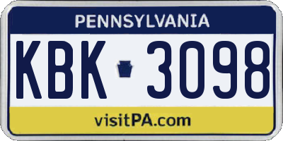 PA license plate KBK3098