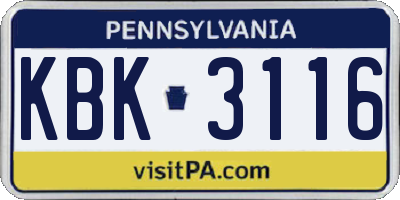 PA license plate KBK3116