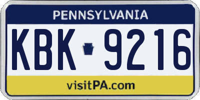 PA license plate KBK9216