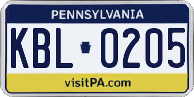 PA license plate KBL0205