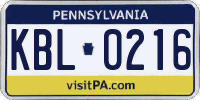 PA license plate KBL0216