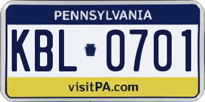 PA license plate KBL0701