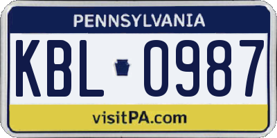 PA license plate KBL0987