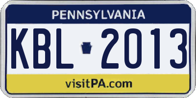 PA license plate KBL2013