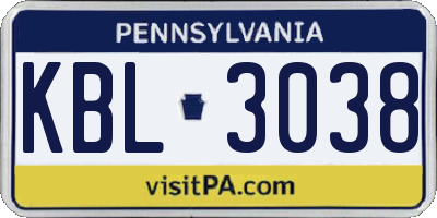 PA license plate KBL3038