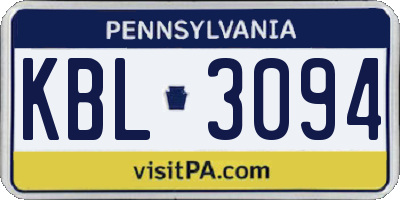 PA license plate KBL3094