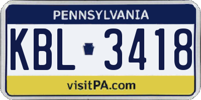PA license plate KBL3418