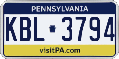 PA license plate KBL3794