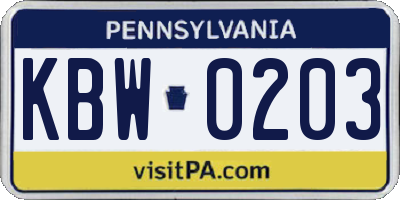PA license plate KBW0203