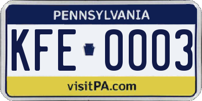 PA license plate KFE0003