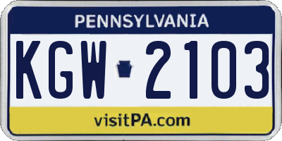 PA license plate KGW2103