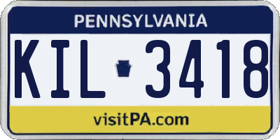 PA license plate KIL3418