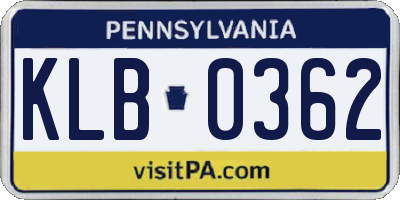 PA license plate KLB0362