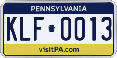 PA license plate KLF0013