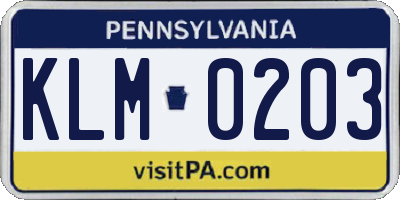 PA license plate KLM0203