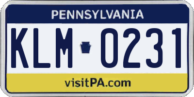 PA license plate KLM0231