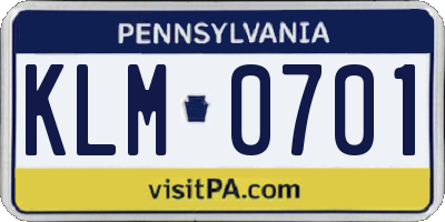PA license plate KLM0701