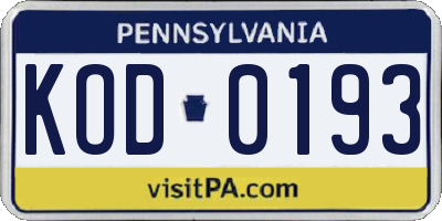 PA license plate KOD0193
