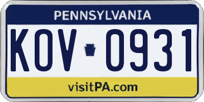 PA license plate KOV0931