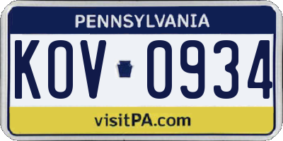 PA license plate KOV0934