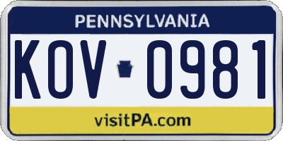 PA license plate KOV0981