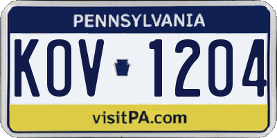 PA license plate KOV1204
