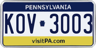 PA license plate KOV3003