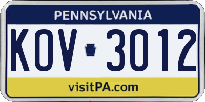 PA license plate KOV3012