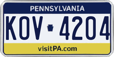 PA license plate KOV4204