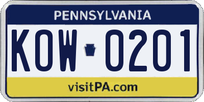 PA license plate KOW0201