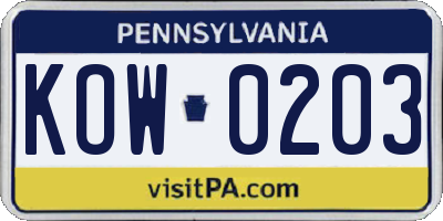 PA license plate KOW0203