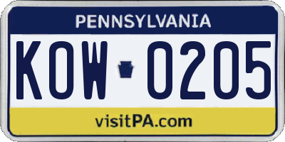 PA license plate KOW0205