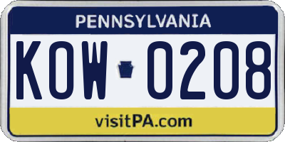 PA license plate KOW0208