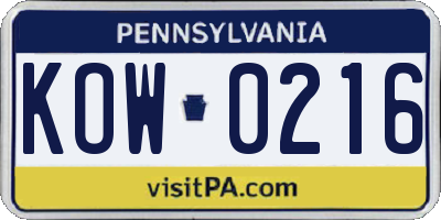 PA license plate KOW0216