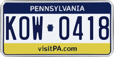 PA license plate KOW0418