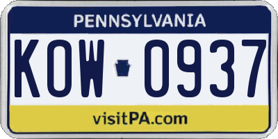 PA license plate KOW0937
