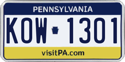 PA license plate KOW1301