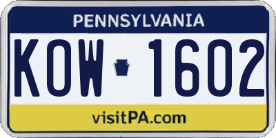 PA license plate KOW1602