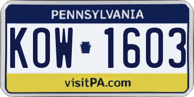 PA license plate KOW1603