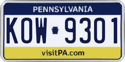 PA license plate KOW9301