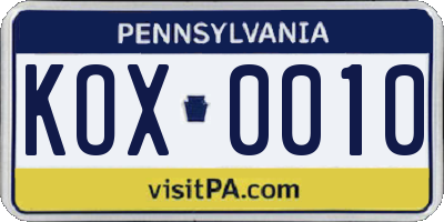 PA license plate KOX0010