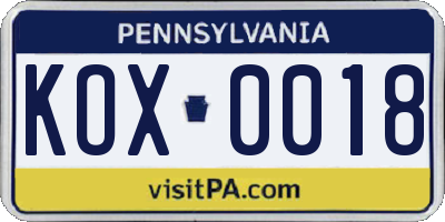 PA license plate KOX0018