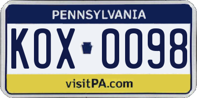PA license plate KOX0098