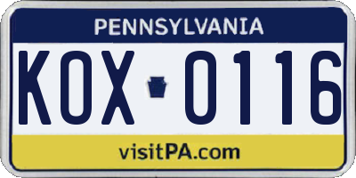 PA license plate KOX0116
