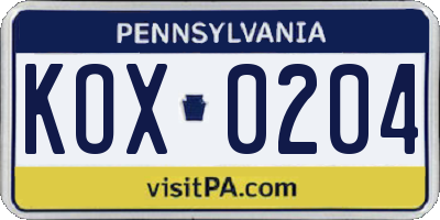 PA license plate KOX0204