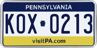 PA license plate KOX0213