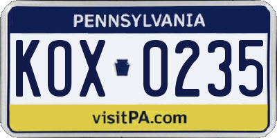 PA license plate KOX0235